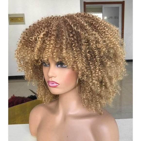 Afro Kinky Curly Short Wig With Bangs Blonde